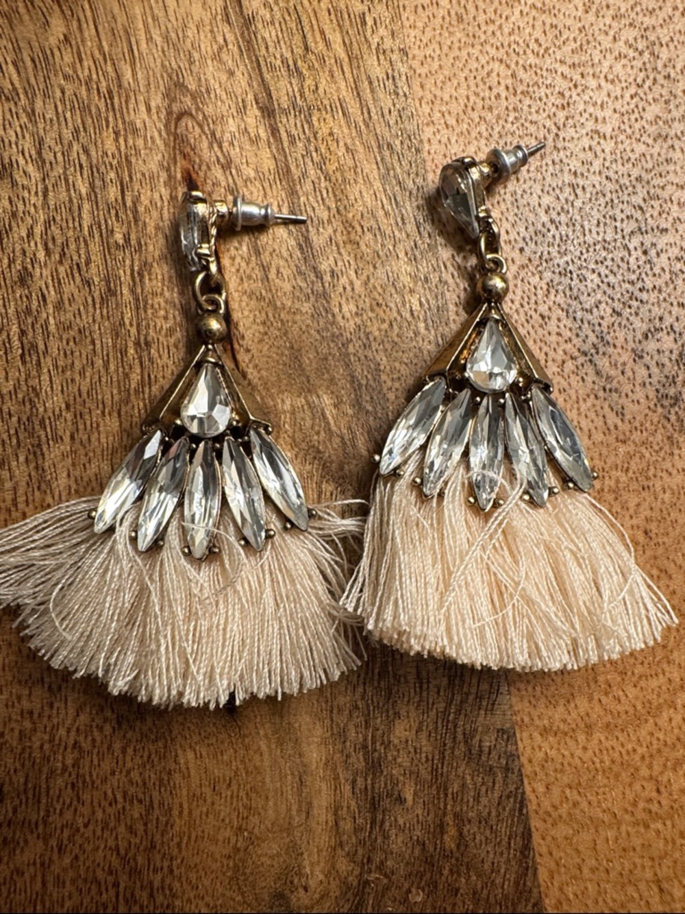 Beaded Crystal and Cream Tassel Drop Earrings